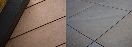Composite decking and porcelain paving, side by side