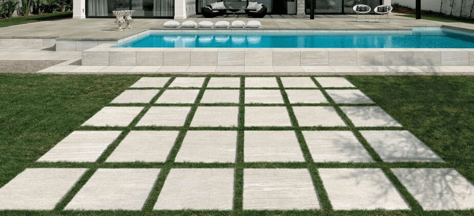 Italian style porcelain tiles on grass